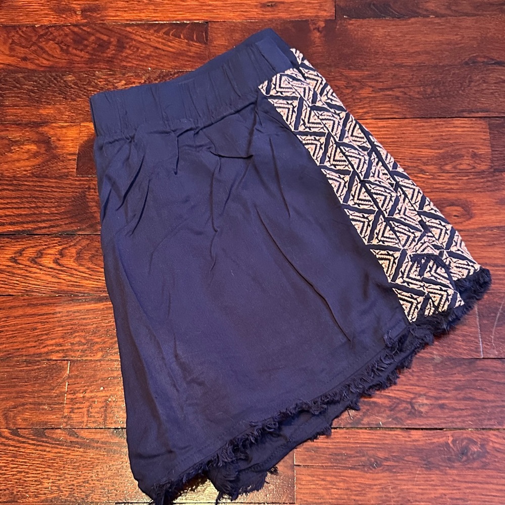 Blue Rain (Francesca’s) High Waist Navy Shorts with Geometric Trim